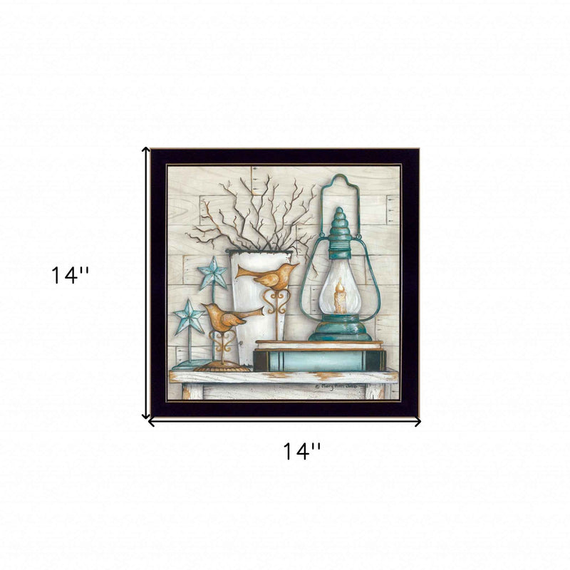 Lantern On Books 1 Black Framed Print Wall Art