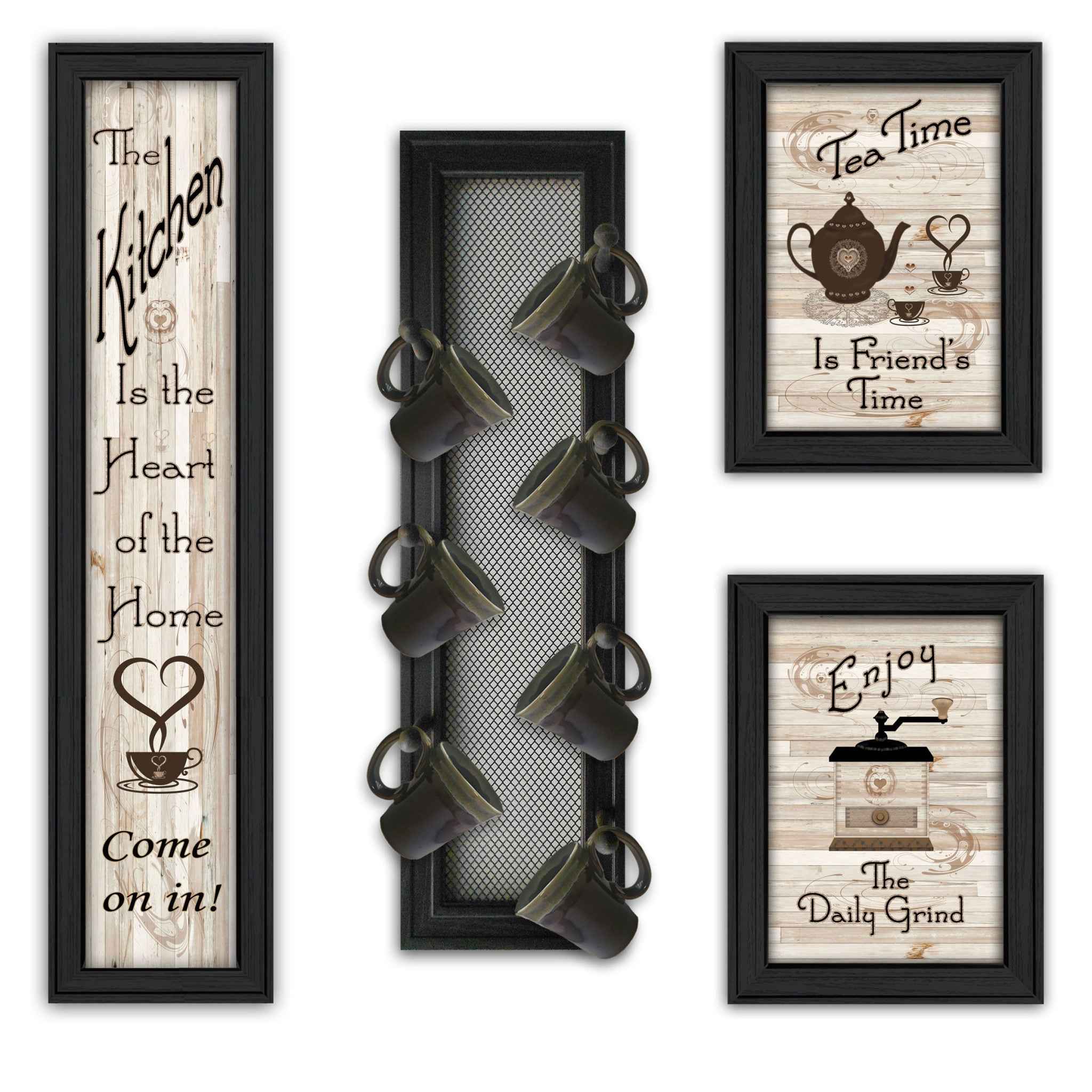 Set Of Four Come On In Black Framed Kitchen Wall Prints with Mug Rack