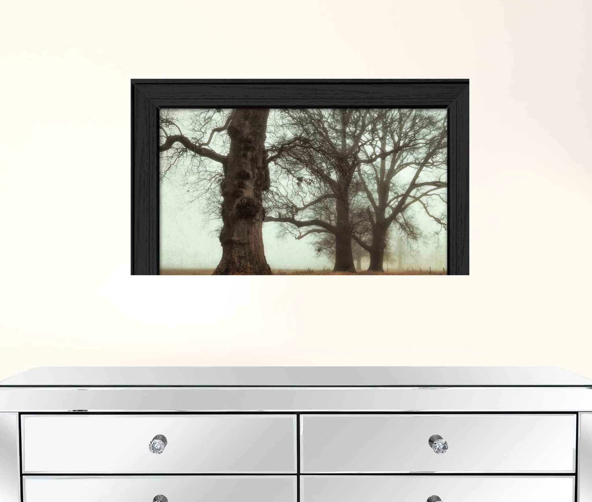 Misty Trees Black Framed Print Wall Art