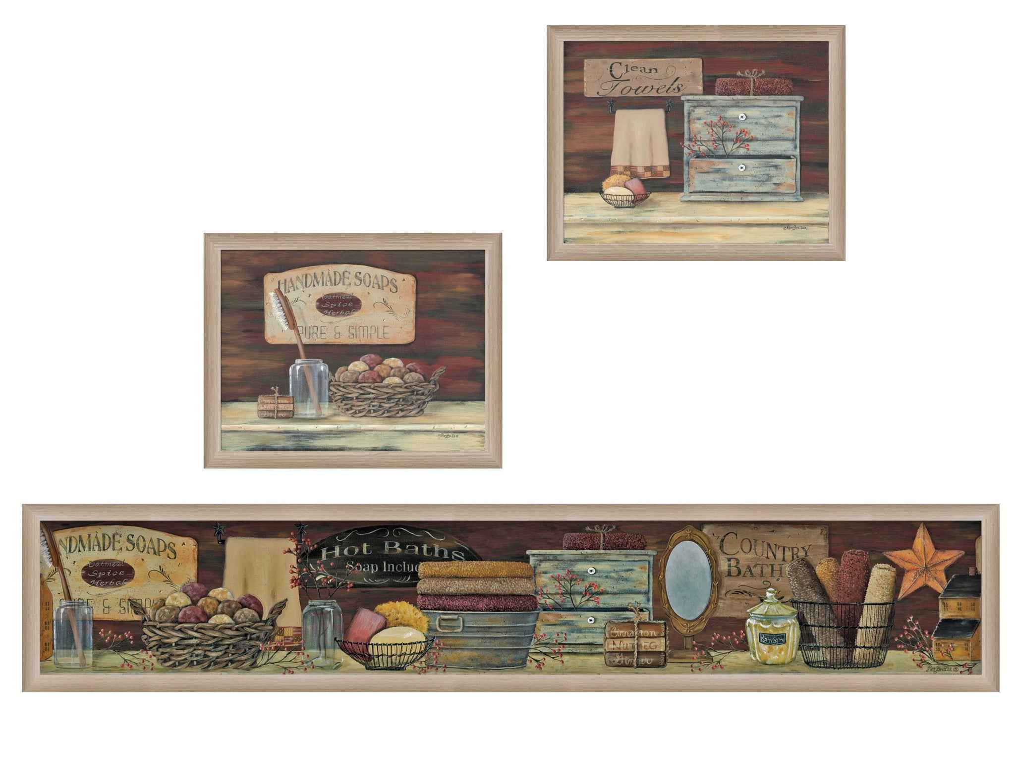 Set Of Three Country Bath 2 Brown Framed Print Bathroom Wall Art