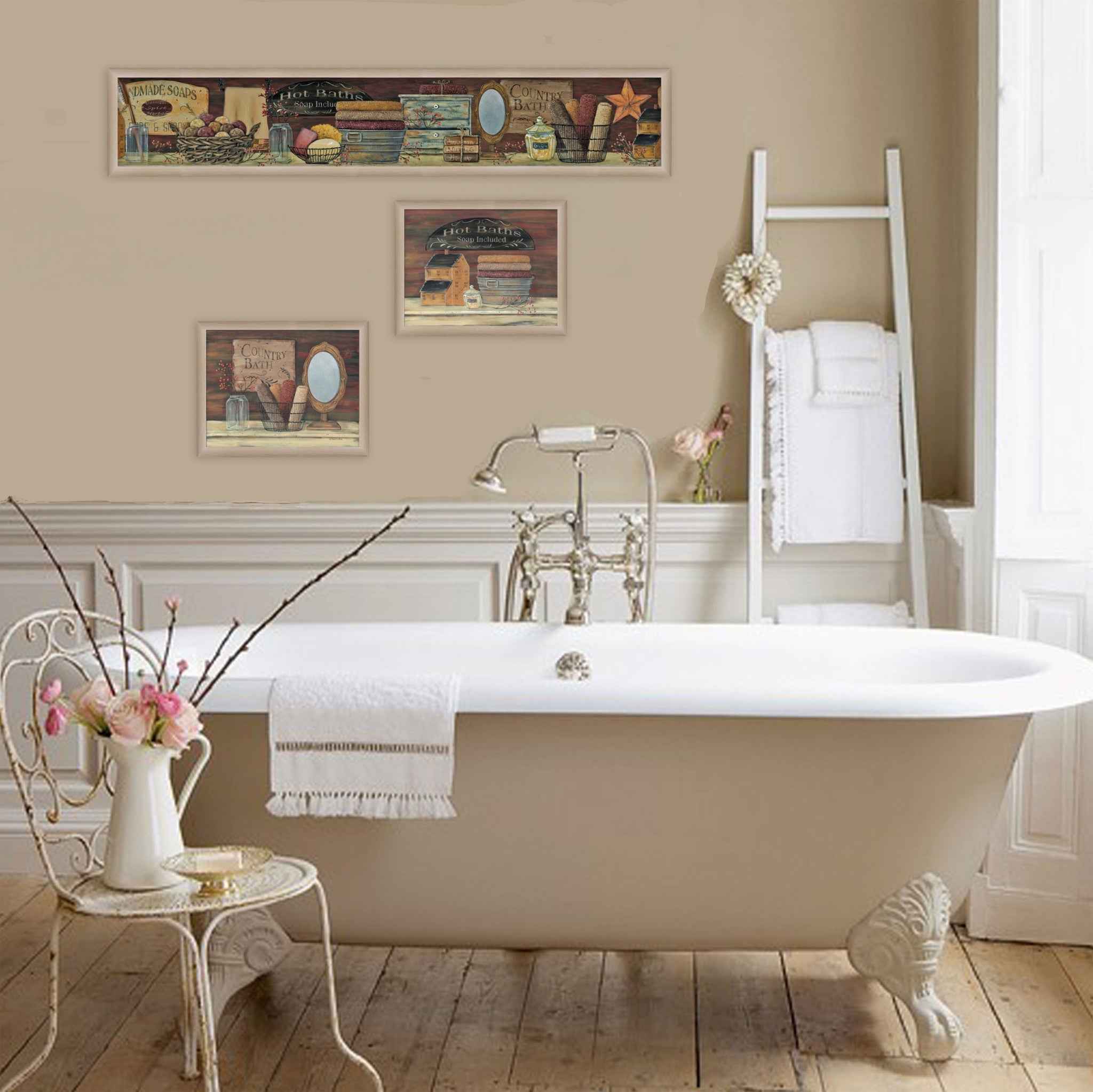 Set Of Three Country Bath Brown Framed Print Bathroom Wall Art