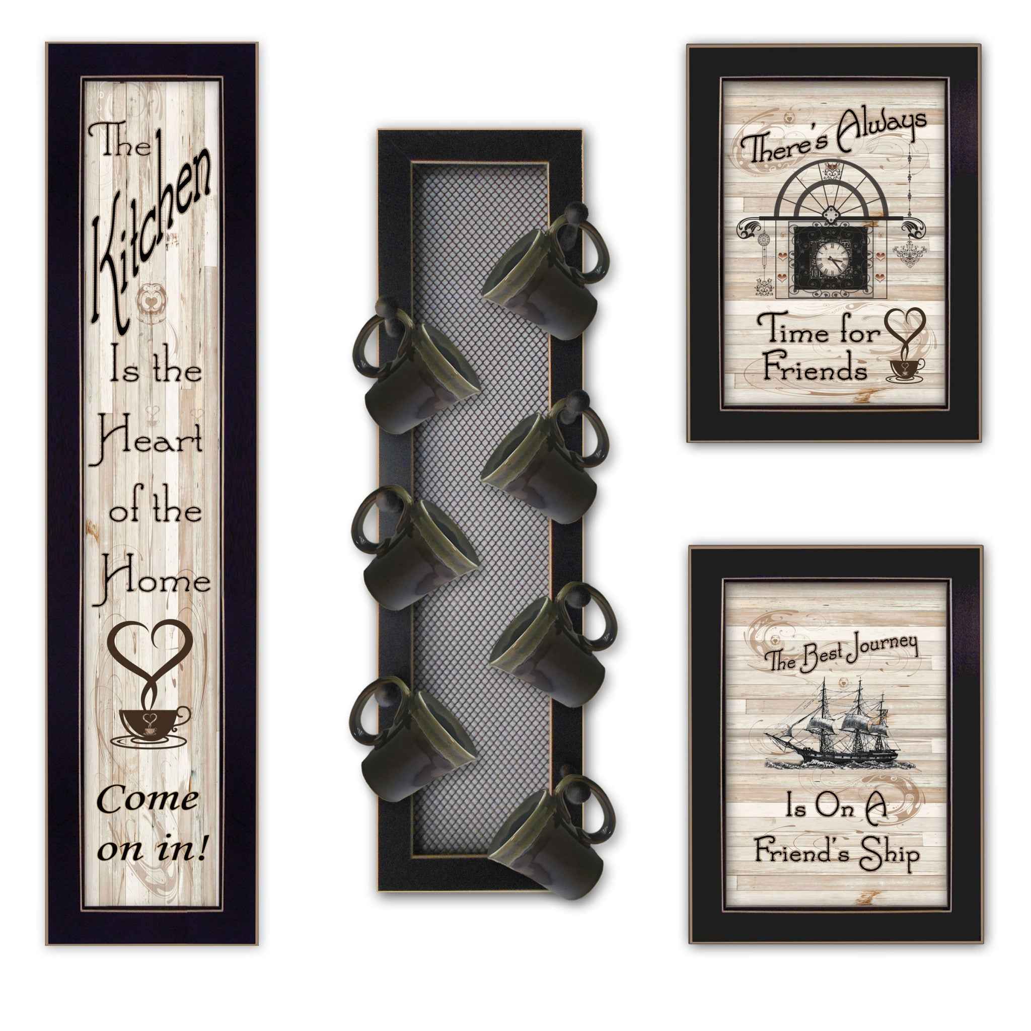 Set Of Four Come On In Black 4 Framed Kitchen Wall Prints with Mug Rack