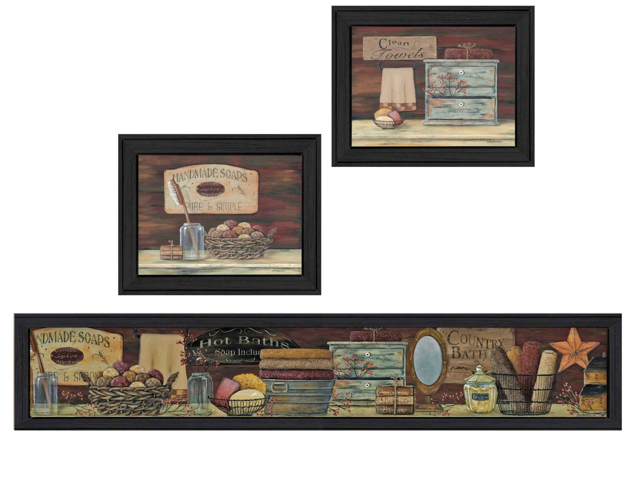 Set Of Three Country Bath 1 Black Framed Print Bathroom Wall Art