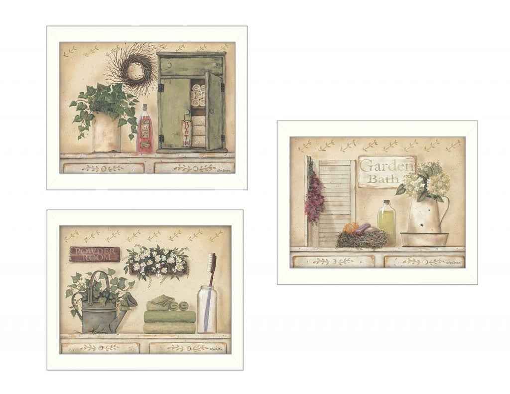 Set Of Three Garden Bath 2 White Framed Print Bathroom Wall Art