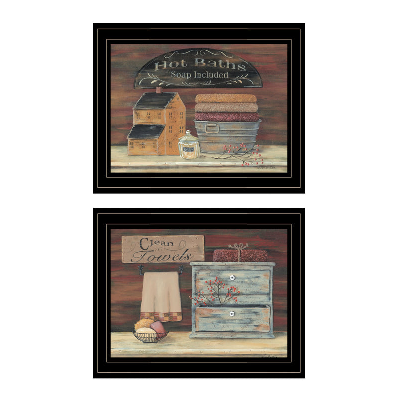 Set Of Two Hot Bath or Clean Towels 2 Black Framed Print Bathroom Wall Art - Home Decor