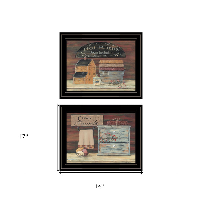 Set Of Two Hot Bath or Clean Towels 2 Black Framed Print Bathroom Wall Art - Home Decor