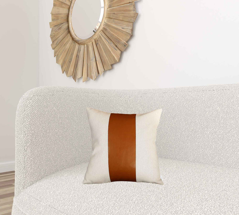 Set Of Two 17" X 17" Brown and Ivory Faux Leather Zippered Pillow Cover