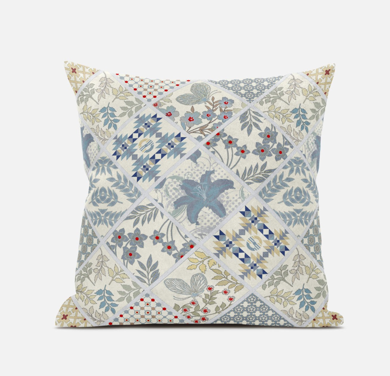 18” White Blue Patch Suede Throw Pillow