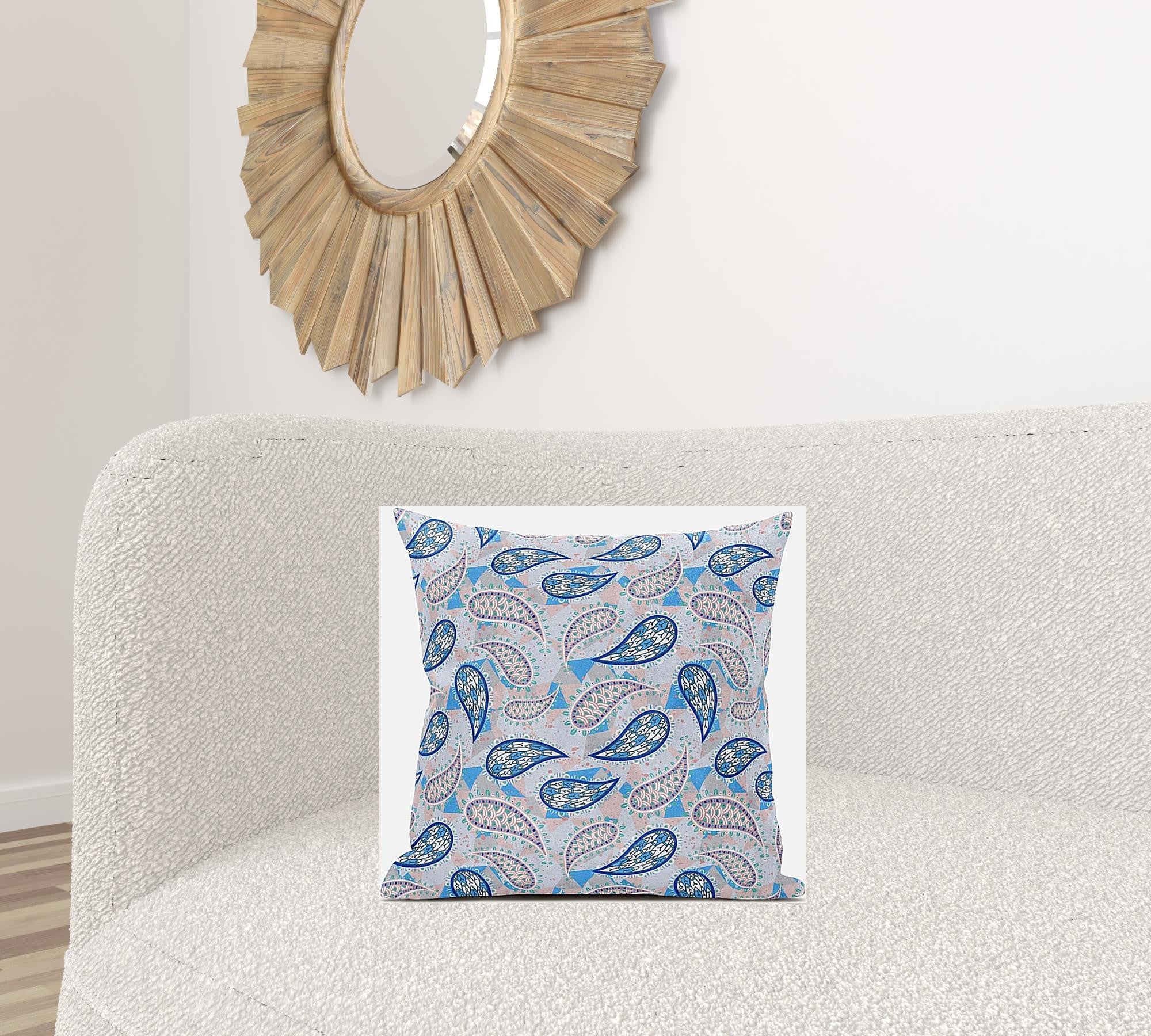 18” Blue Peach Boho Paisley Suede Throw Pillow Default Title