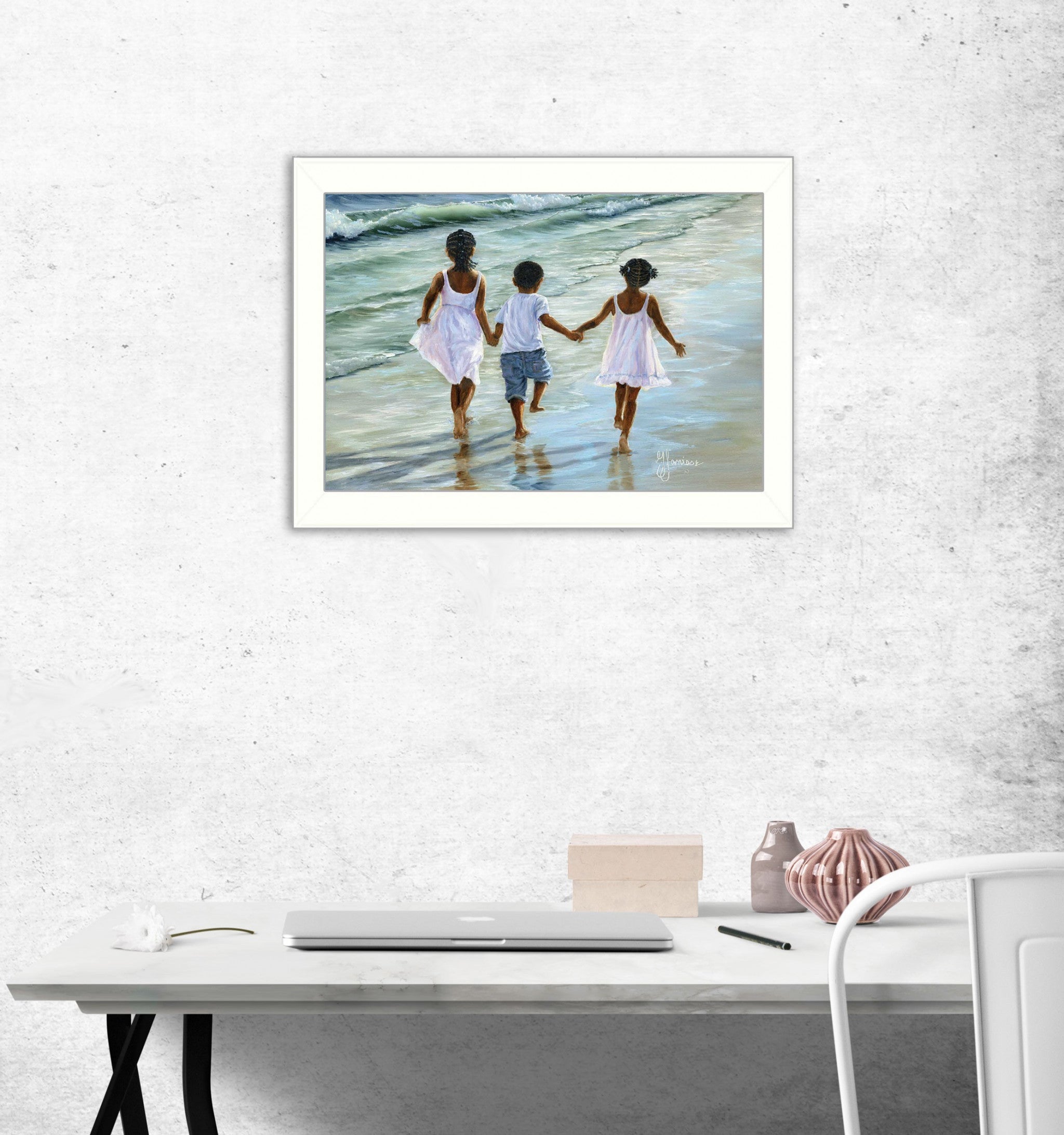 Running on the Beach 1 White Framed Print Wall Art - Home Decor