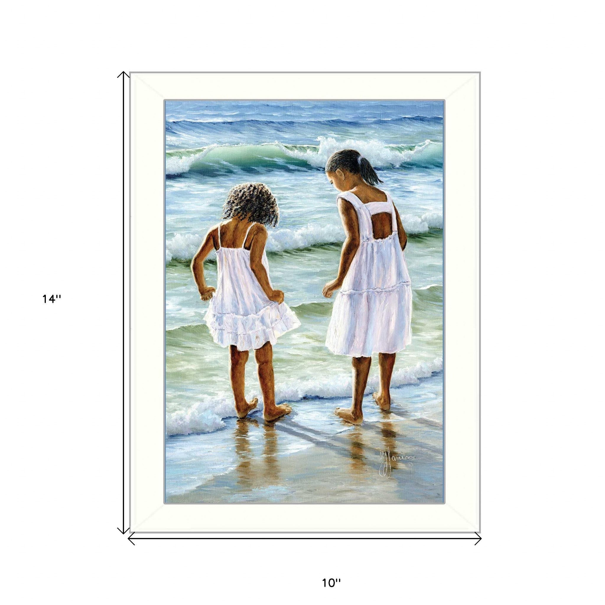 Two Girls at the Beach 1 White Framed Print Wall Art - Home Decor