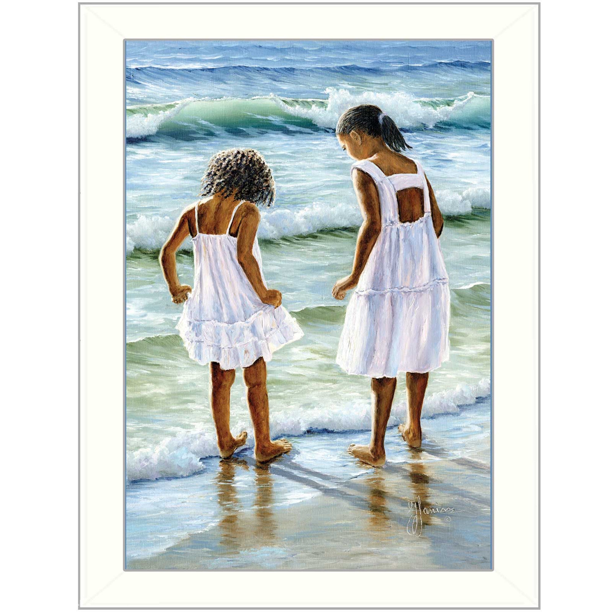 Two Girls at the Beach 1 White Framed Print Wall Art - Home Decor