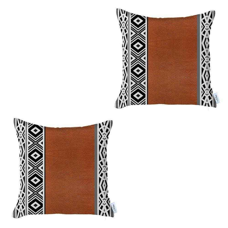 Set Of Two 17" X 17" Brown Geometric Zippered Handmade Faux Leather Throw Pillow Cover