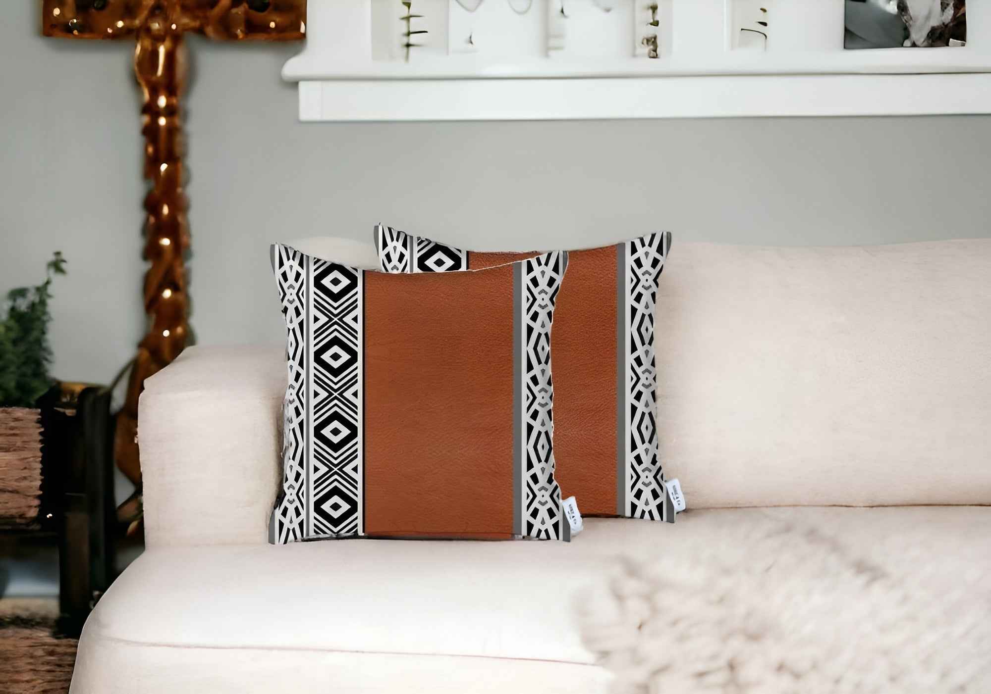 Set Of Two 17" X 17" Brown Geometric Zippered Handmade Faux Leather Throw Pillow Cover