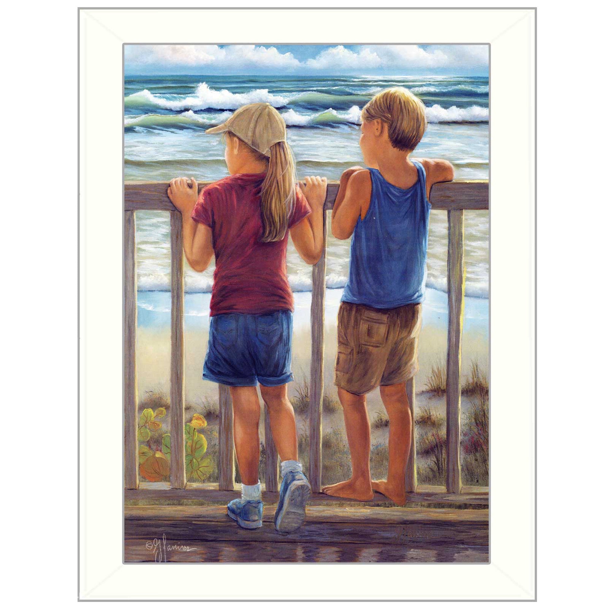 Looking Over the Rail White Framed Print Wall Art - Home Decor