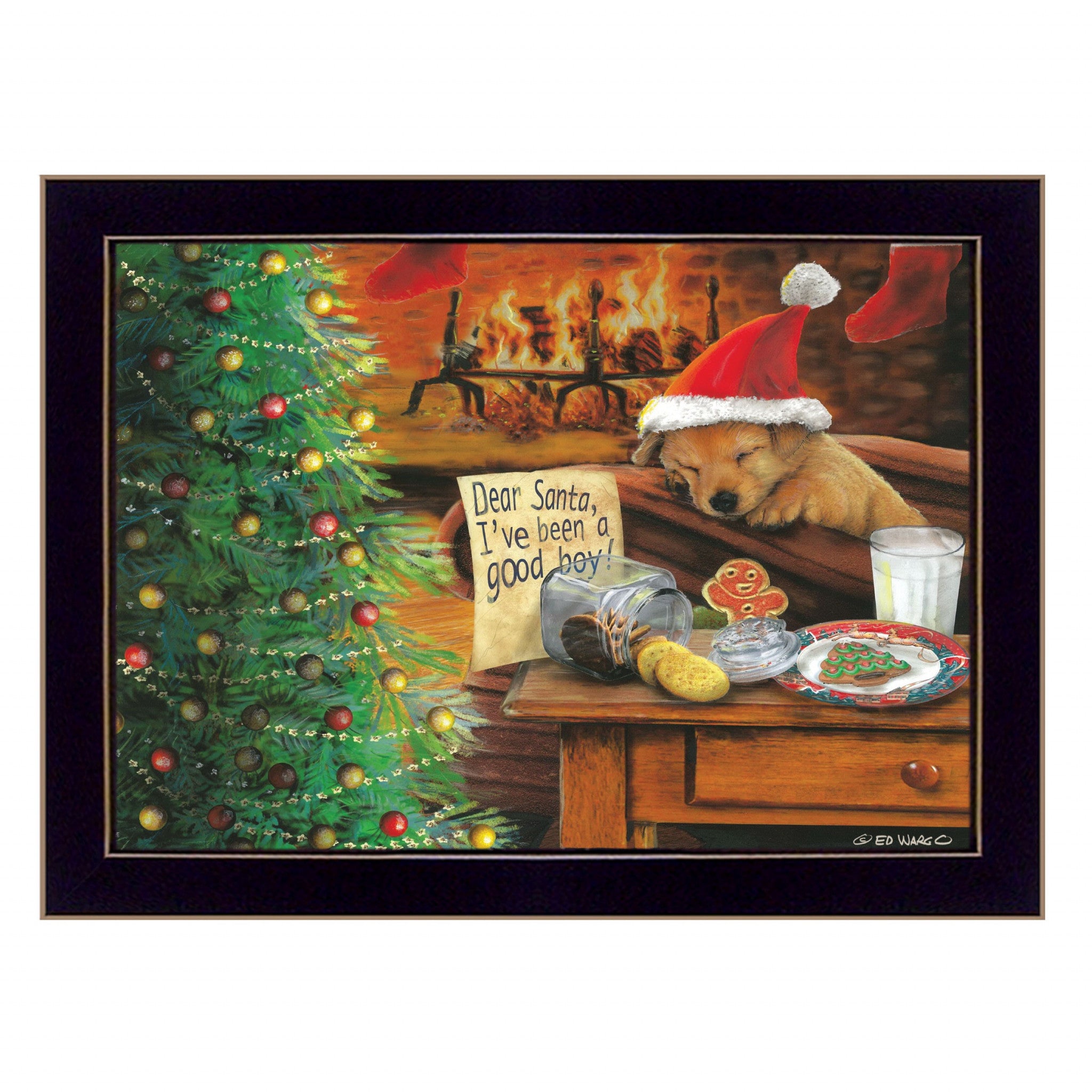 Christmas Eve Puppy Black Framed Print Wall Art - Home Decor
