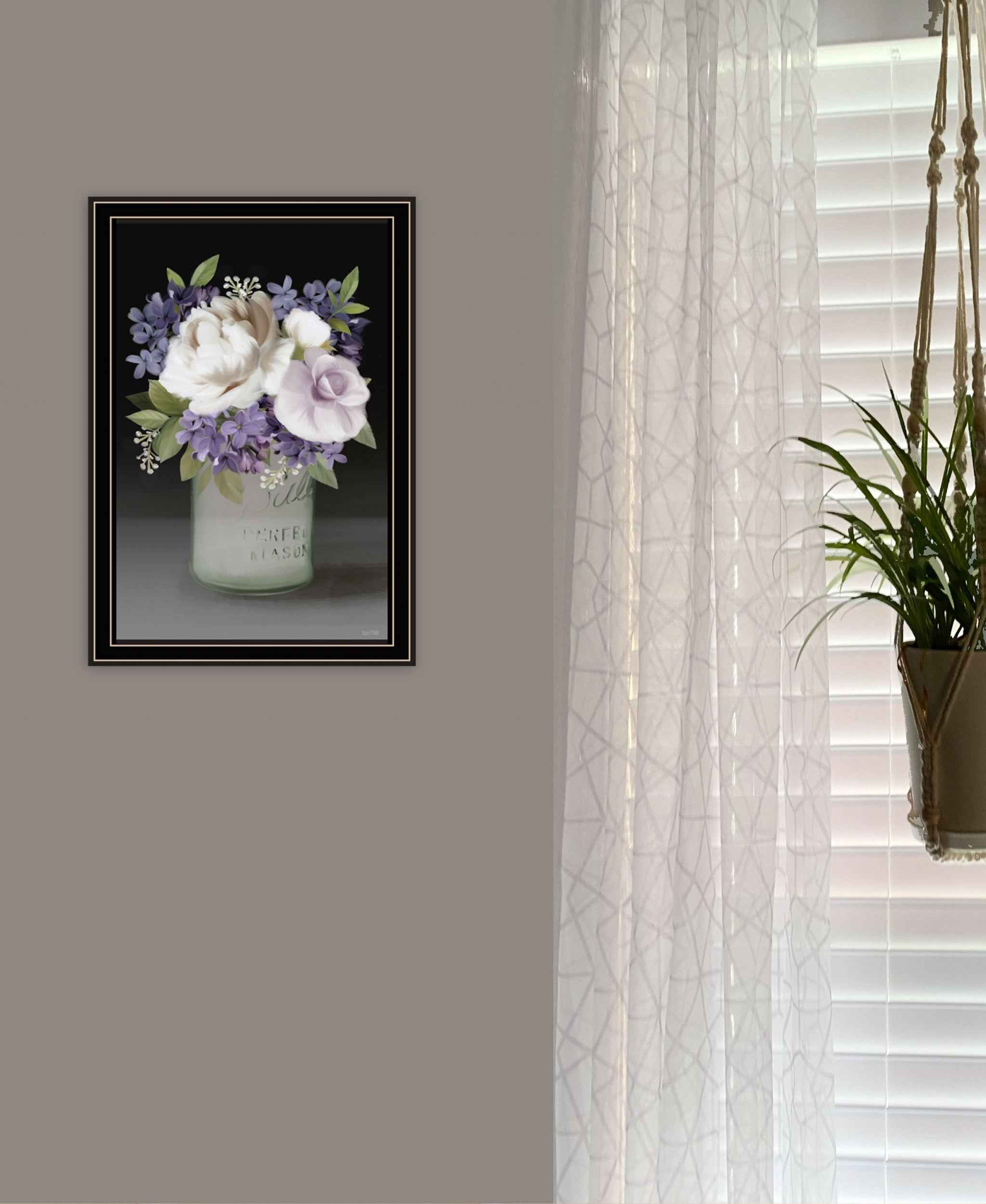 Lilac Mason Jar Floral 1 Black Framed Print Wall Art