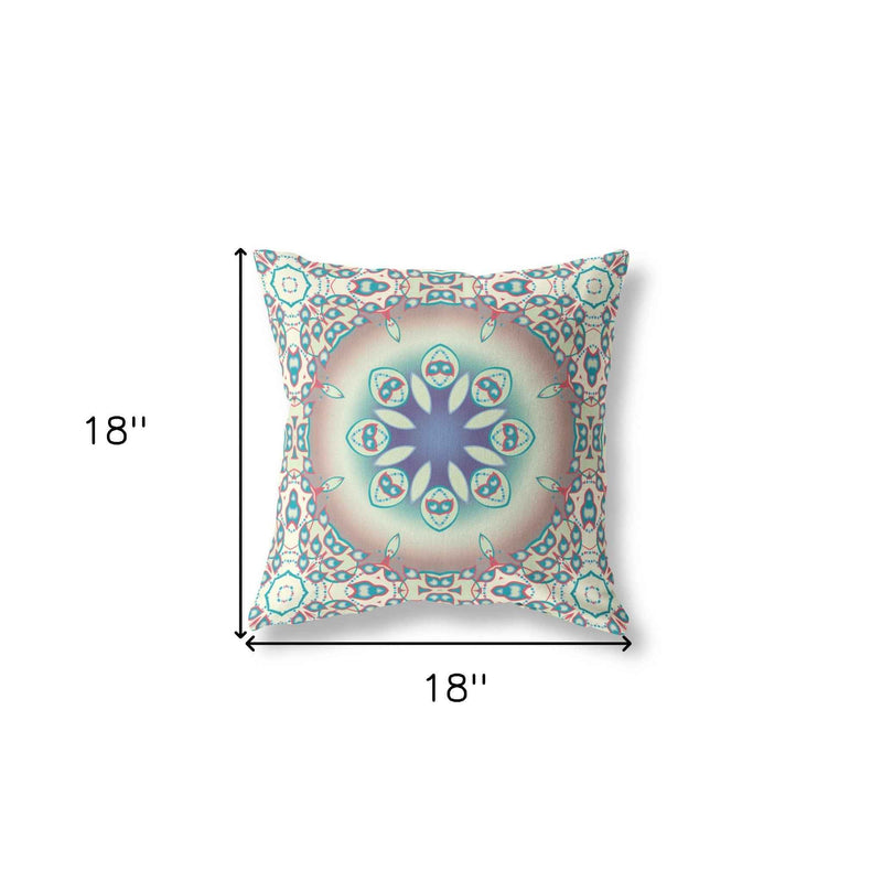 18" X 18" Beige And Blue Geometric Blown Seam Suede Throw Pillow