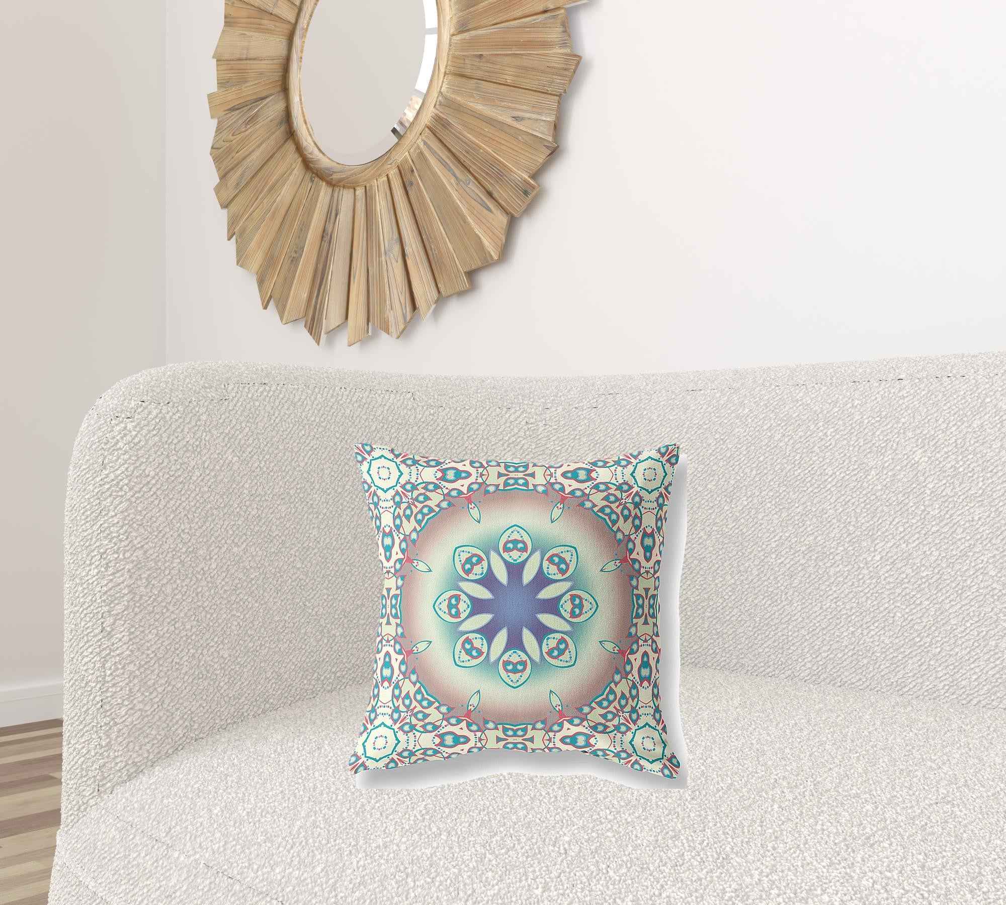 18" X 18" Beige And Blue Geometric Blown Seam Suede Throw Pillow
