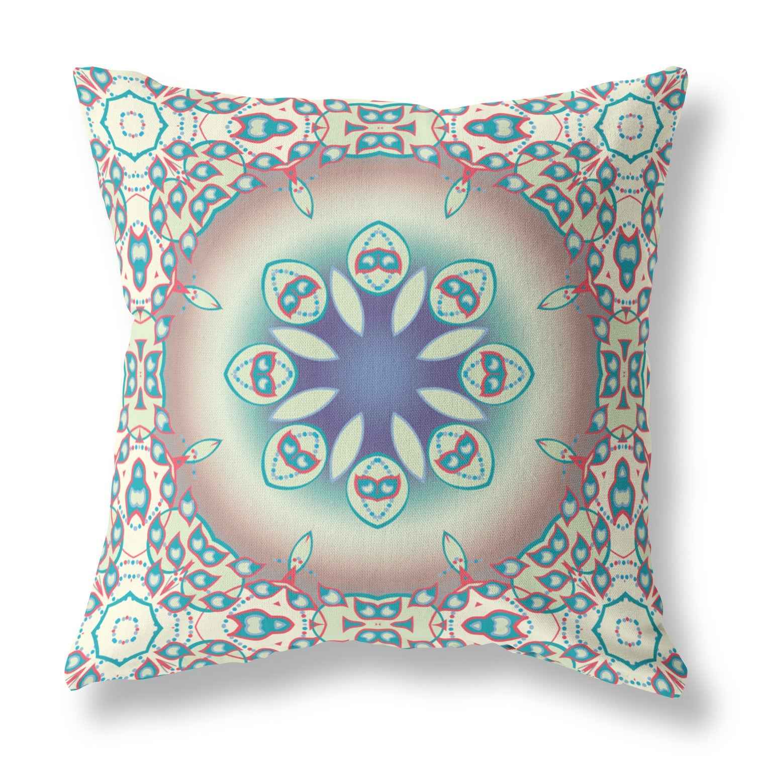 18" X 18" Beige And Blue Geometric Blown Seam Suede Throw Pillow