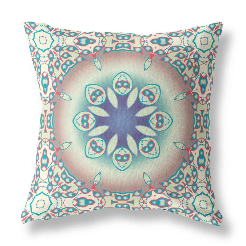 18" X 18" Beige And Blue Geometric Blown Seam Suede Throw Pillow