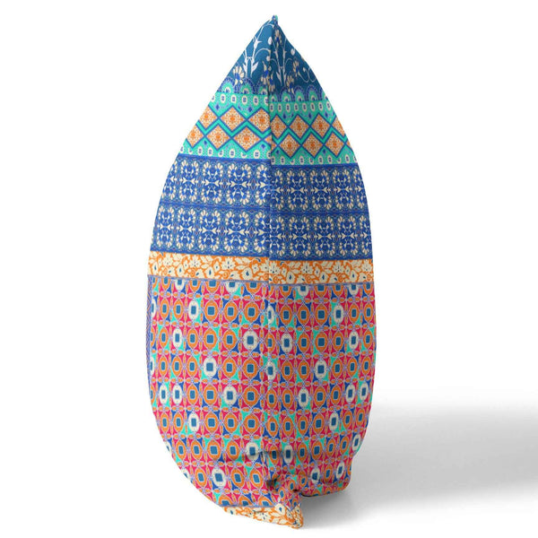 16"X16" Blue And Orange Microsuede Patchwork Blown Seam Pillow