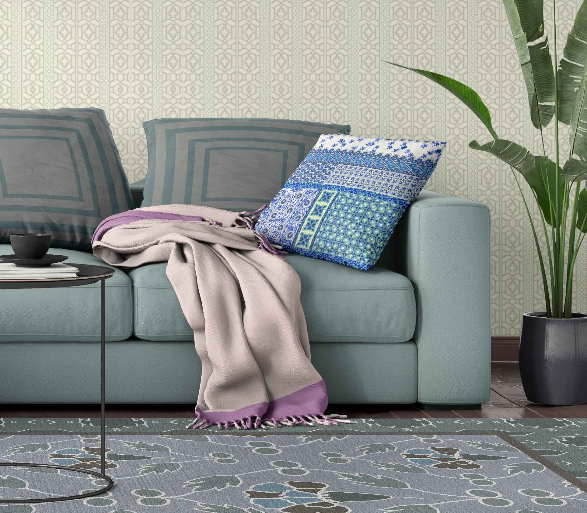 16"X16" Blue And White Microsuede Patchwork Blown Seam Pillow