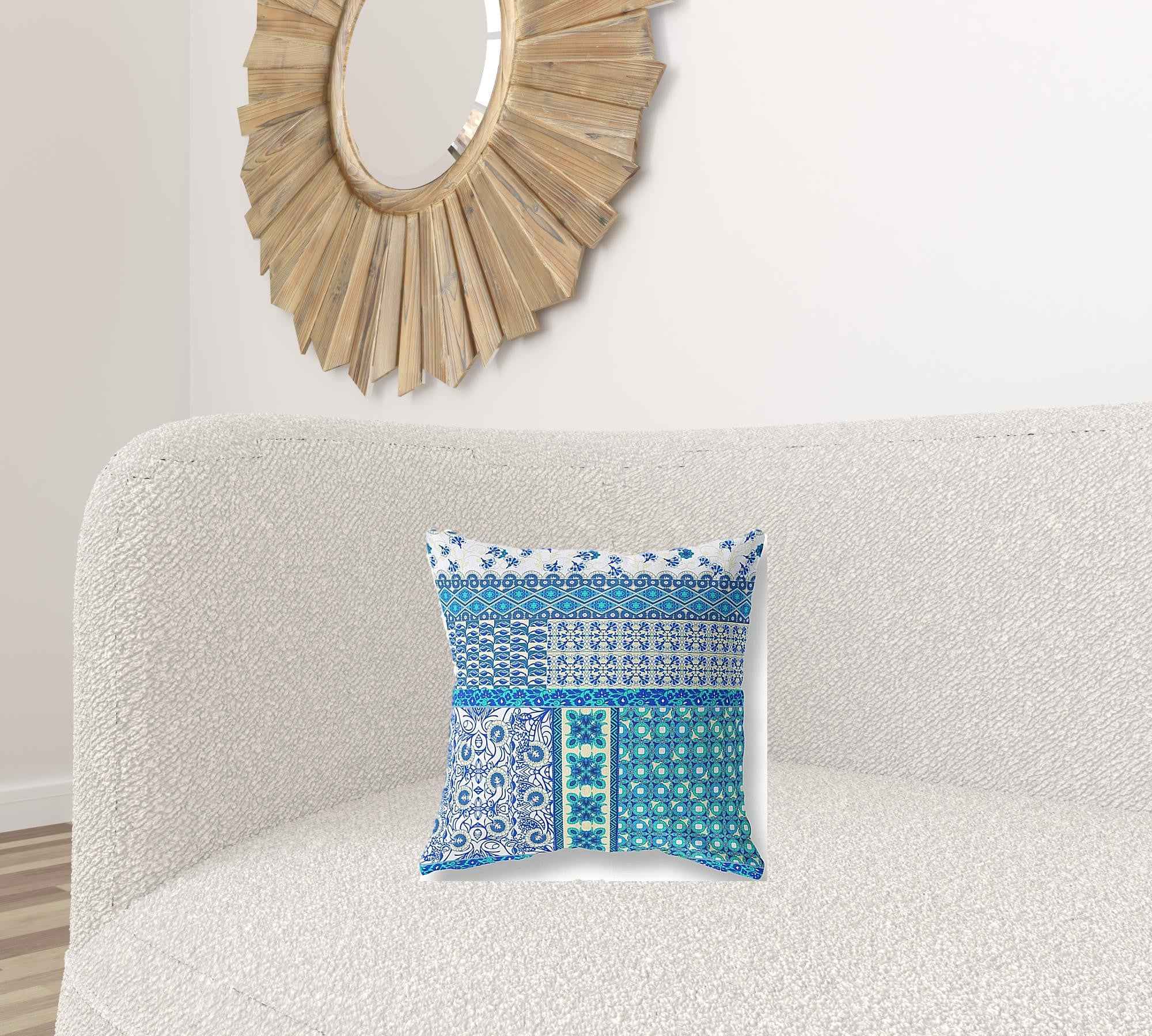 16"X16" Blue And White Microsuede Patchwork Blown Seam Pillow