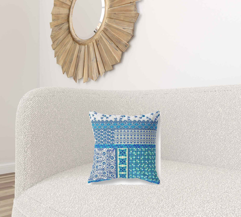 16"X16" Blue And White Microsuede Patchwork Blown Seam Pillow
