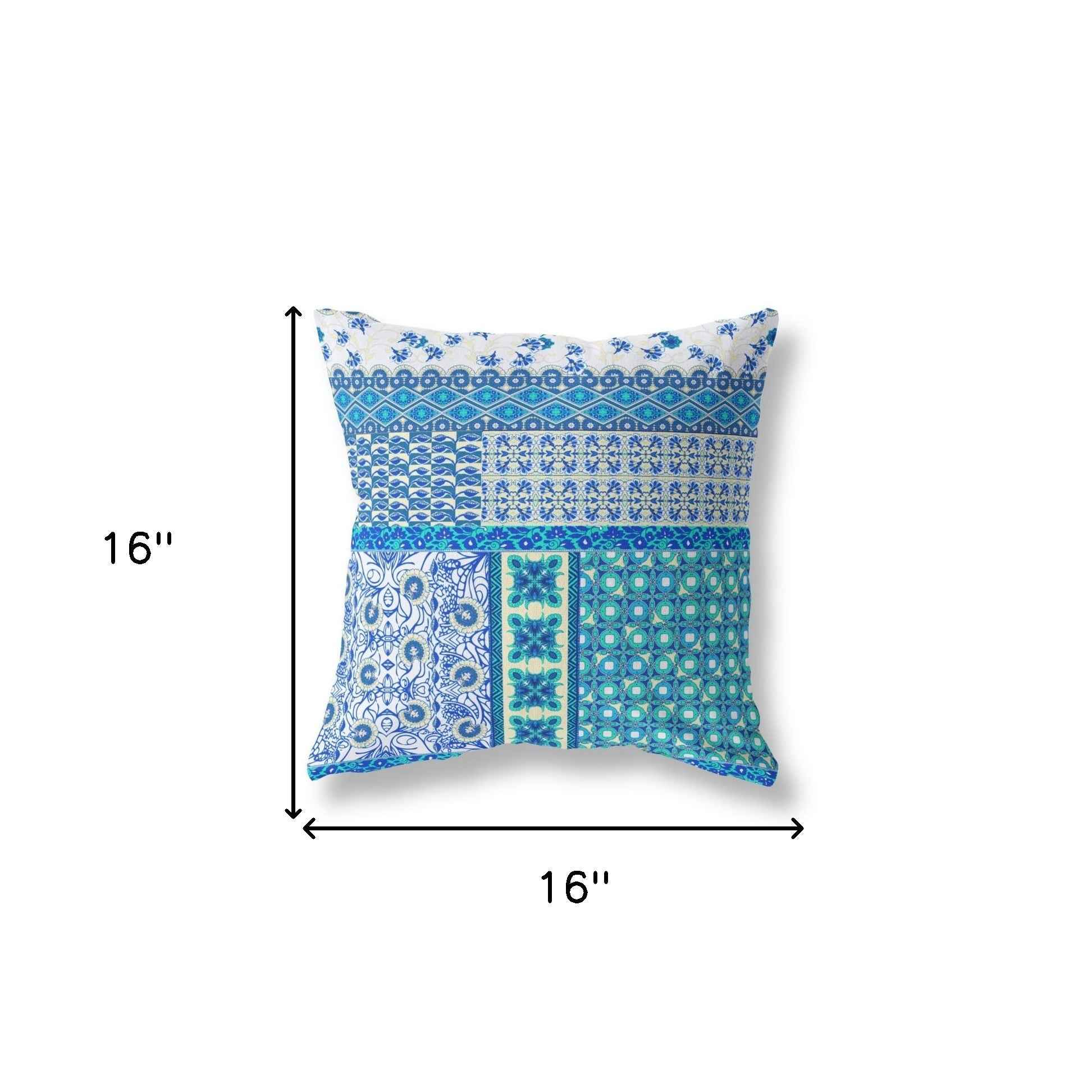 16"X16" Blue And White Microsuede Patchwork Blown Seam Pillow