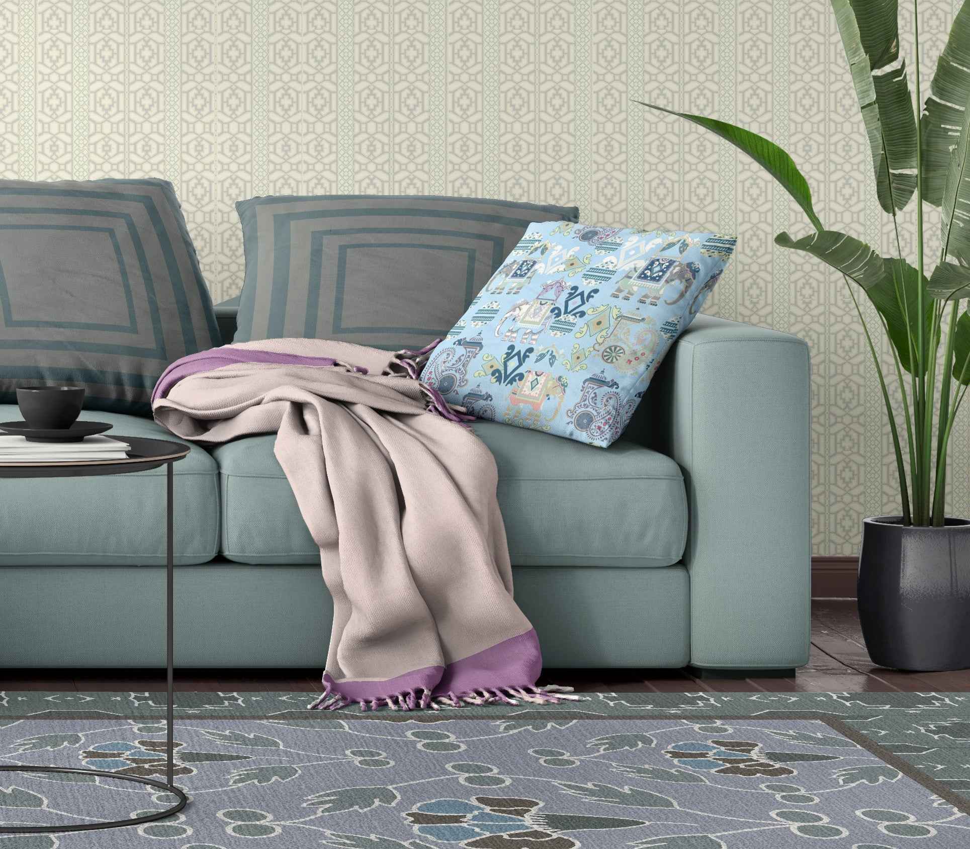 16" X 16" Sky Blue And White Paisley Blown Seam Suede Throw Pillow