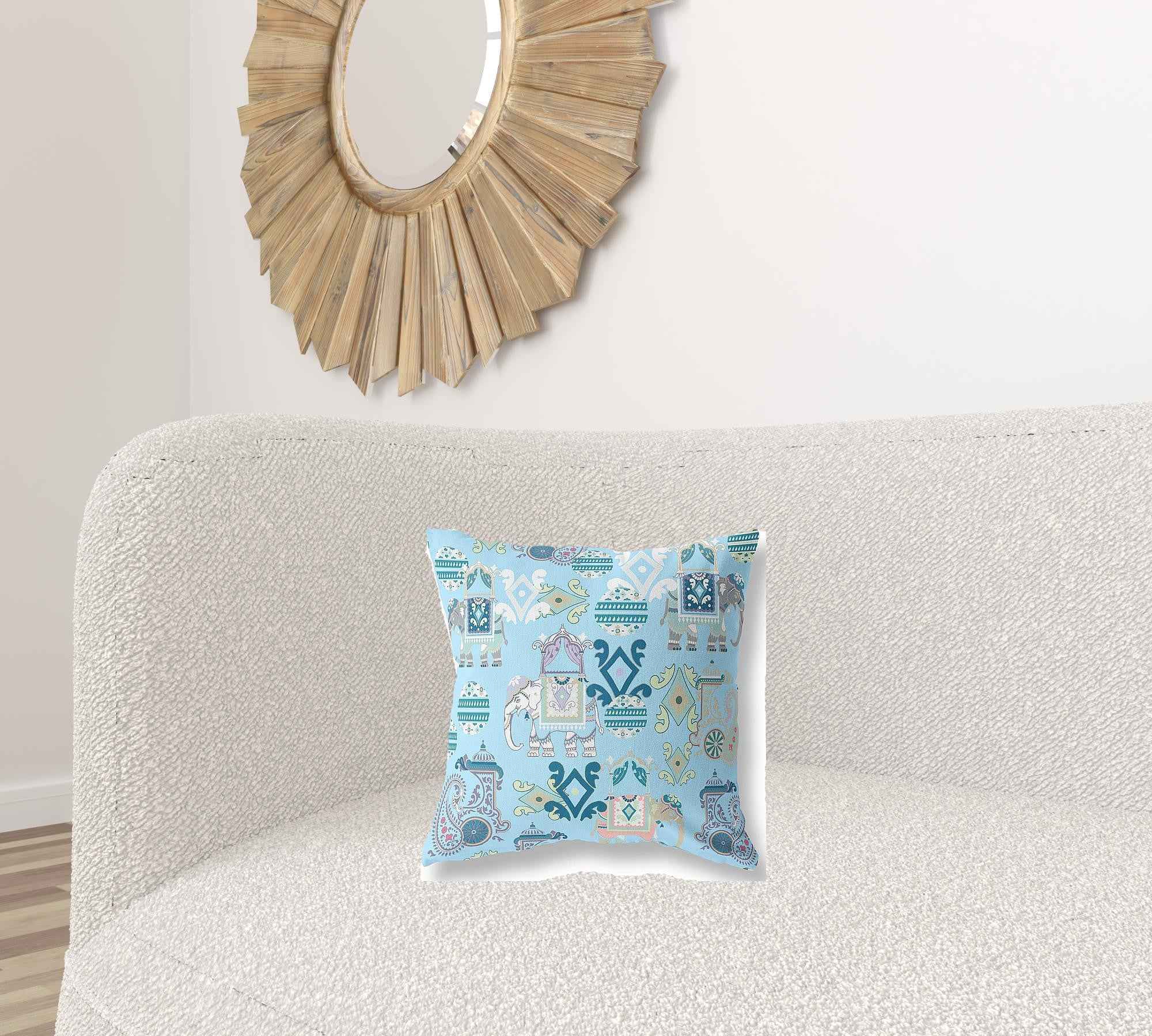 16" X 16" Sky Blue And White Paisley Blown Seam Suede Throw Pillow