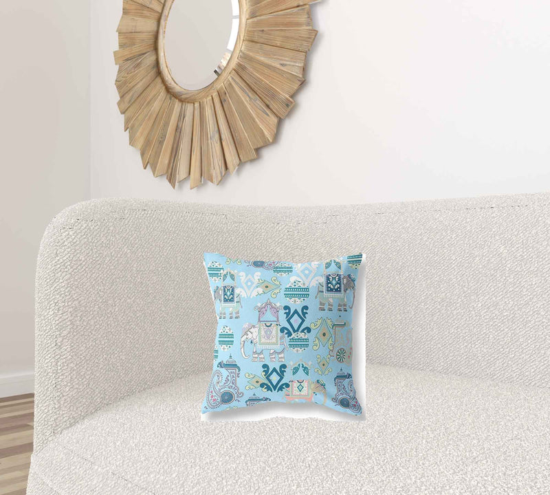 16" X 16" Sky Blue And White Paisley Blown Seam Suede Throw Pillow