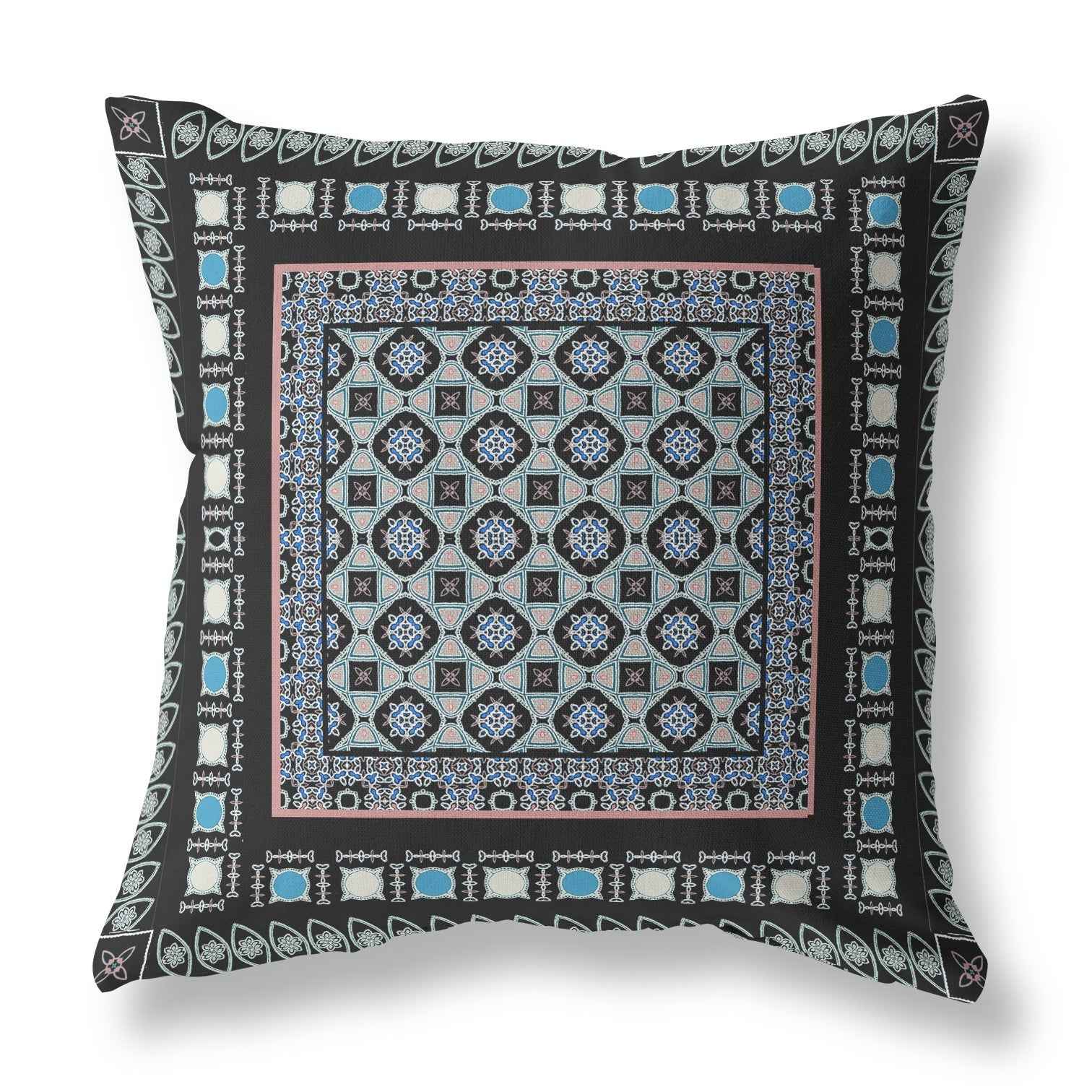 16" X 16" Black And Blue Floral Blown Seam Suede Throw Pillow
