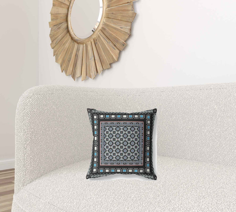 16" X 16" Black And Blue Floral Blown Seam Suede Throw Pillow