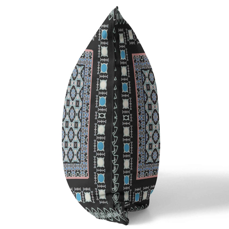 16" X 16" Black And Blue Floral Blown Seam Suede Throw Pillow