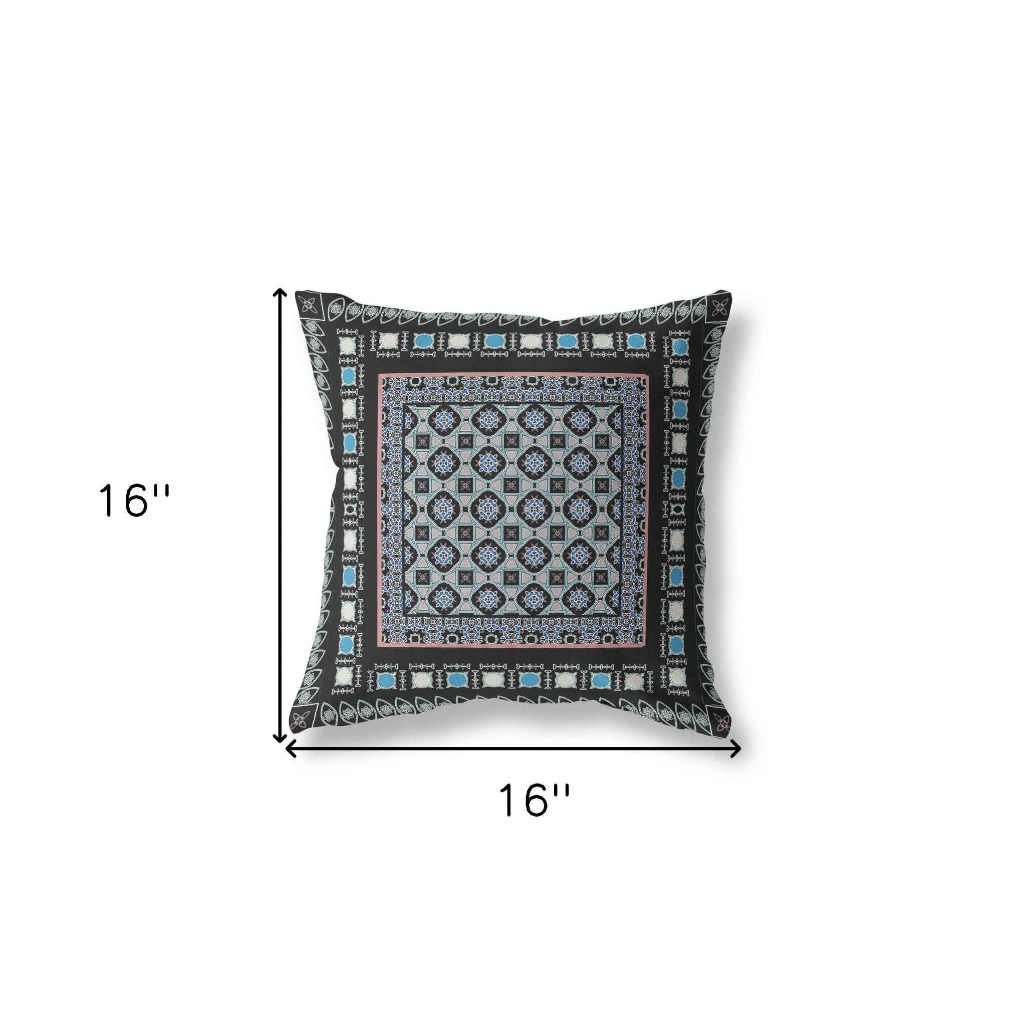16" X 16" Black And Blue Floral Blown Seam Suede Throw Pillow