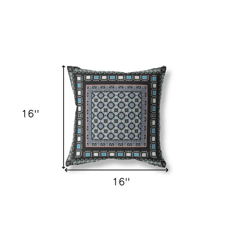 16" X 16" Black And Blue Floral Blown Seam Suede Throw Pillow