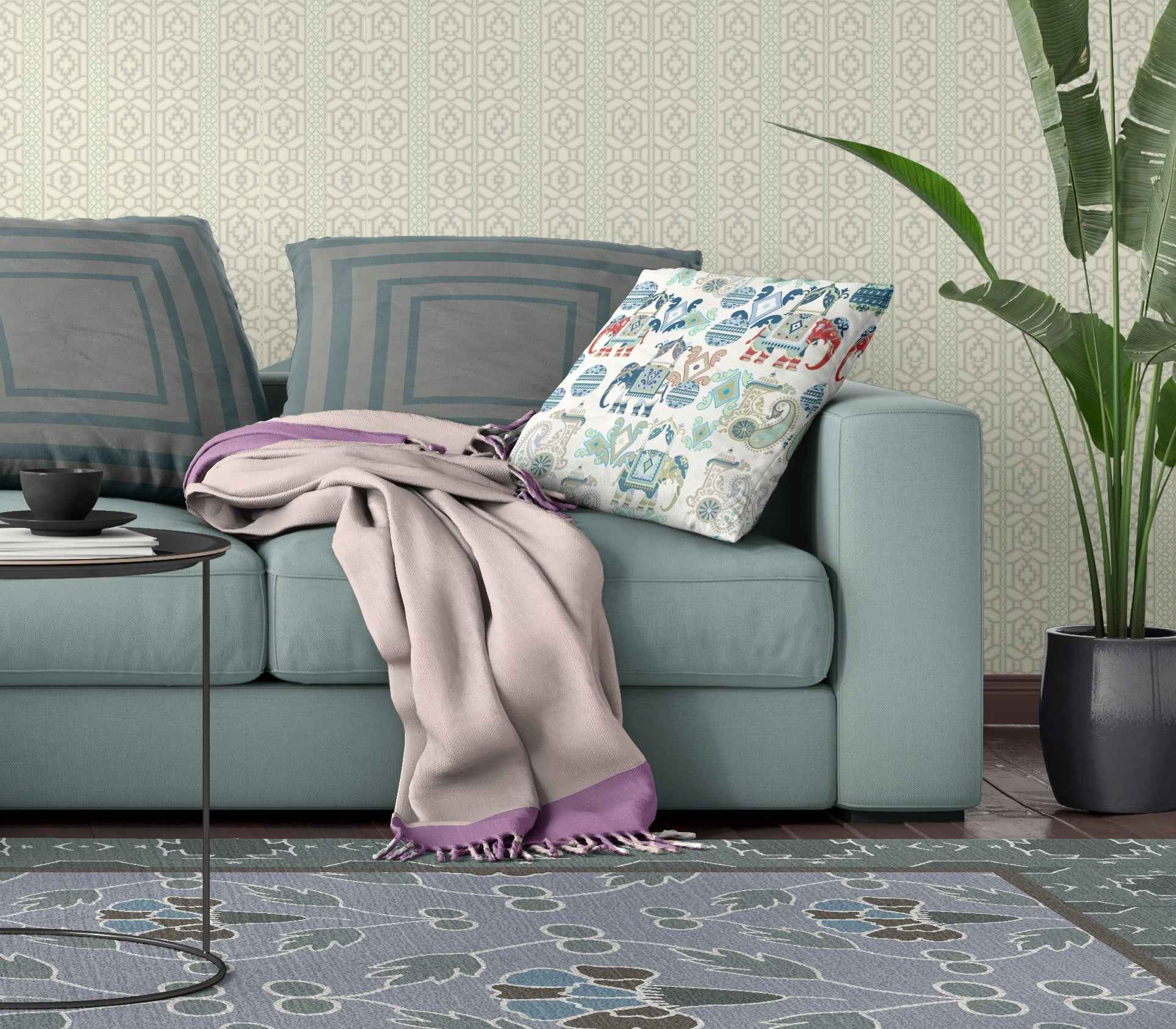 20" X 20" Blue And White Paisley Blown Seam Suede Throw Pillow