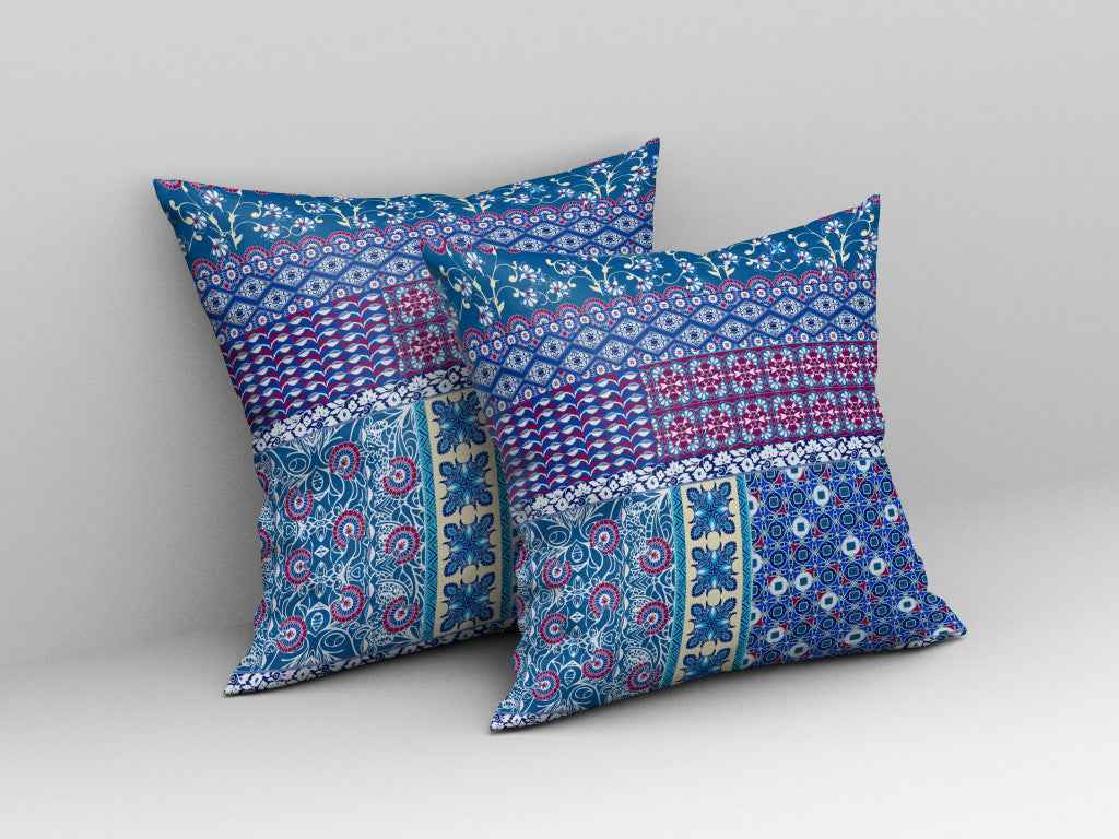 16"X16" Blue And Purple Microsuede Patchwork Blown Seam Pillow