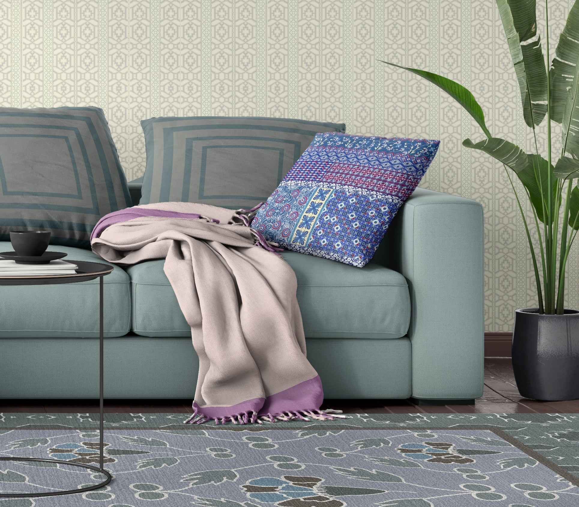 16"X16" Blue And Purple Microsuede Patchwork Blown Seam Pillow