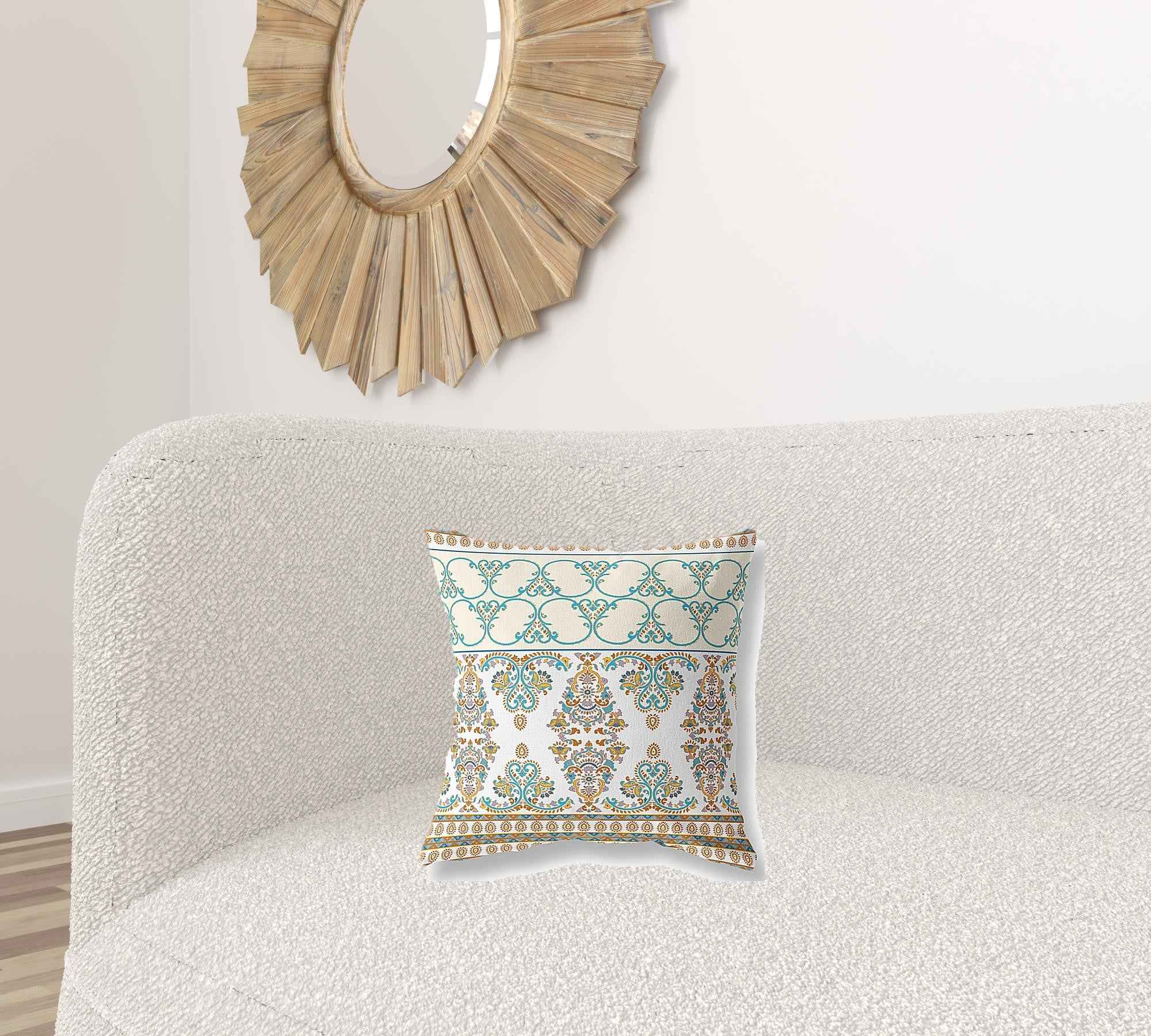 16" X 16" Orange And Teal Stencil Blown Seam Suede Throw Pillow