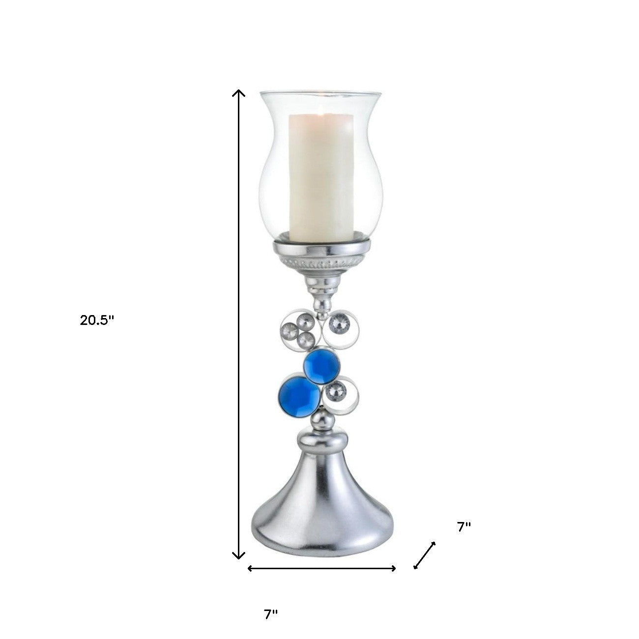 21" Silver and Blue Faux Crystal Bling Hurricane Candle Holder - Home & Garden