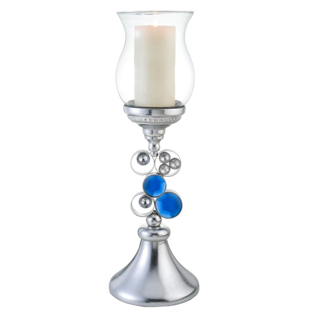 21" Silver and Blue Faux Crystal Bling Hurricane Candle Holder - Home & Garden
