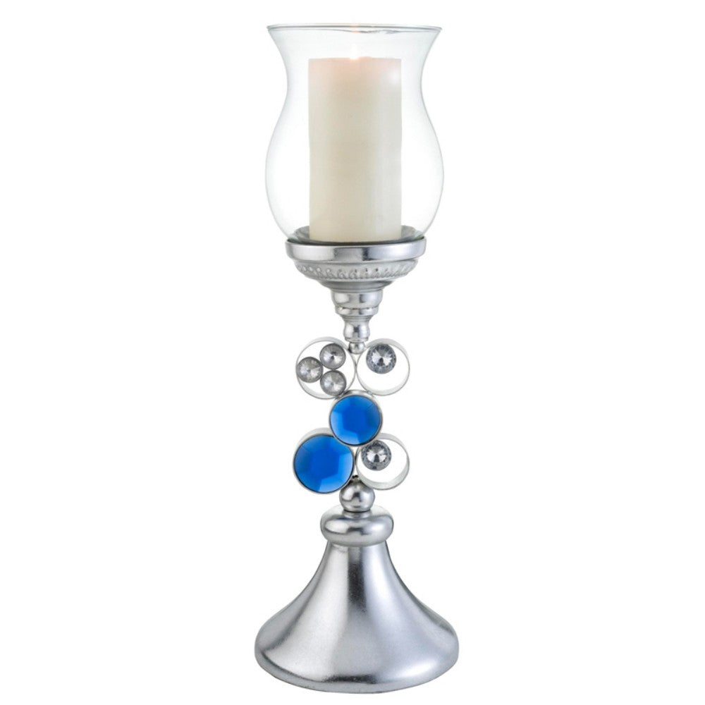 21" Silver and Blue Faux Crystal Bling Hurricane Candle Holder - Home & Garden