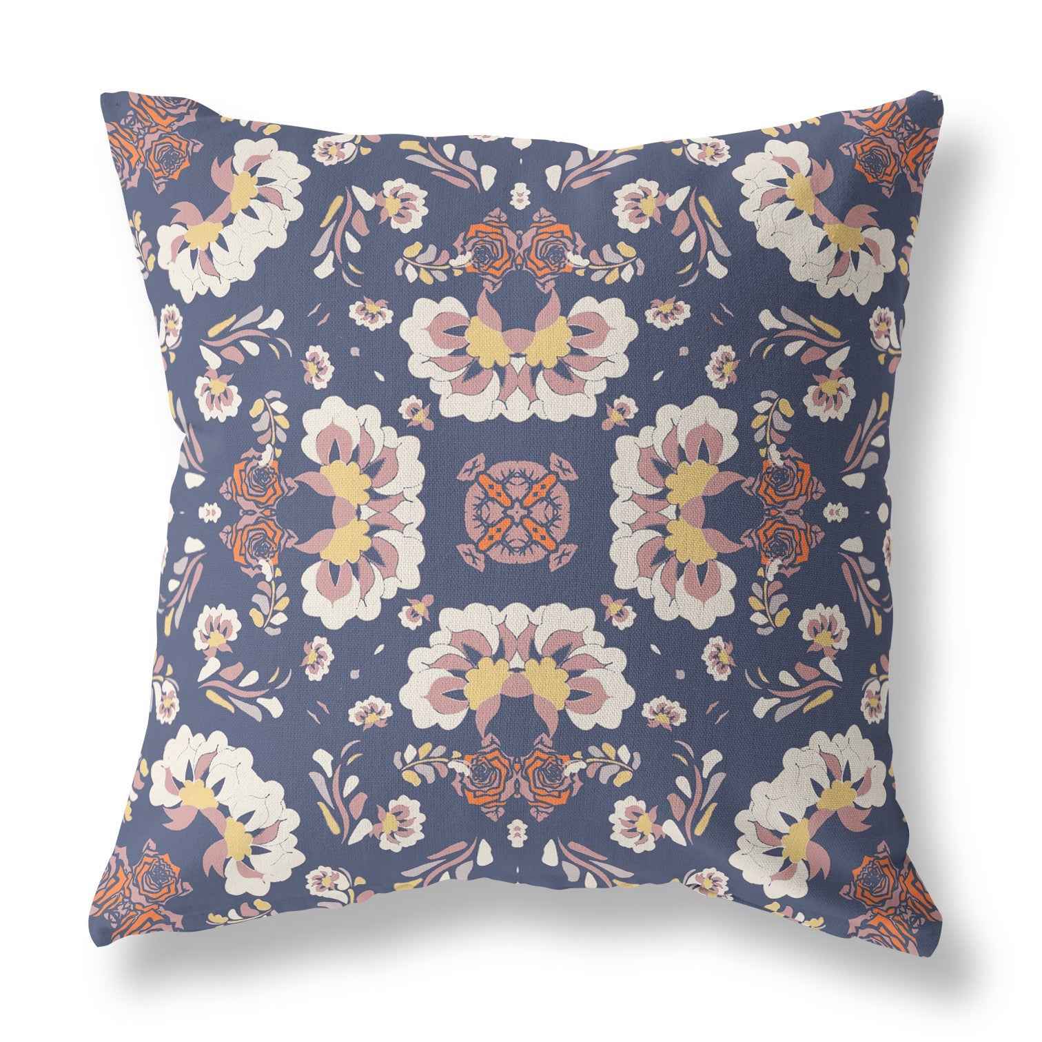 20" X 20" Blue And White Floral Blown Seam Suede Throw Pillow