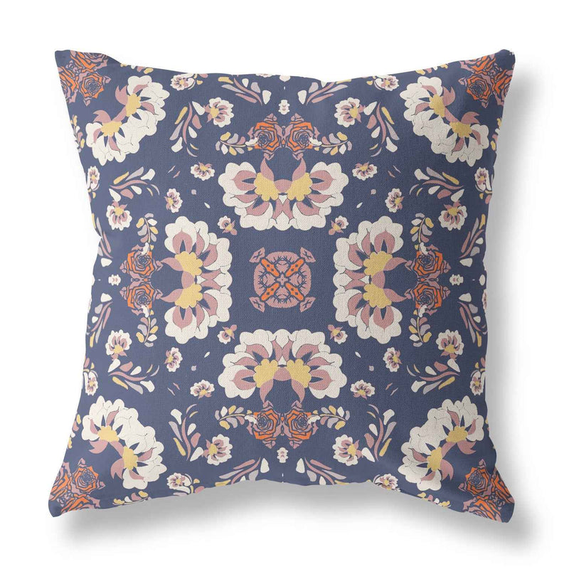 20" X 20" Blue And White Floral Blown Seam Suede Throw Pillow