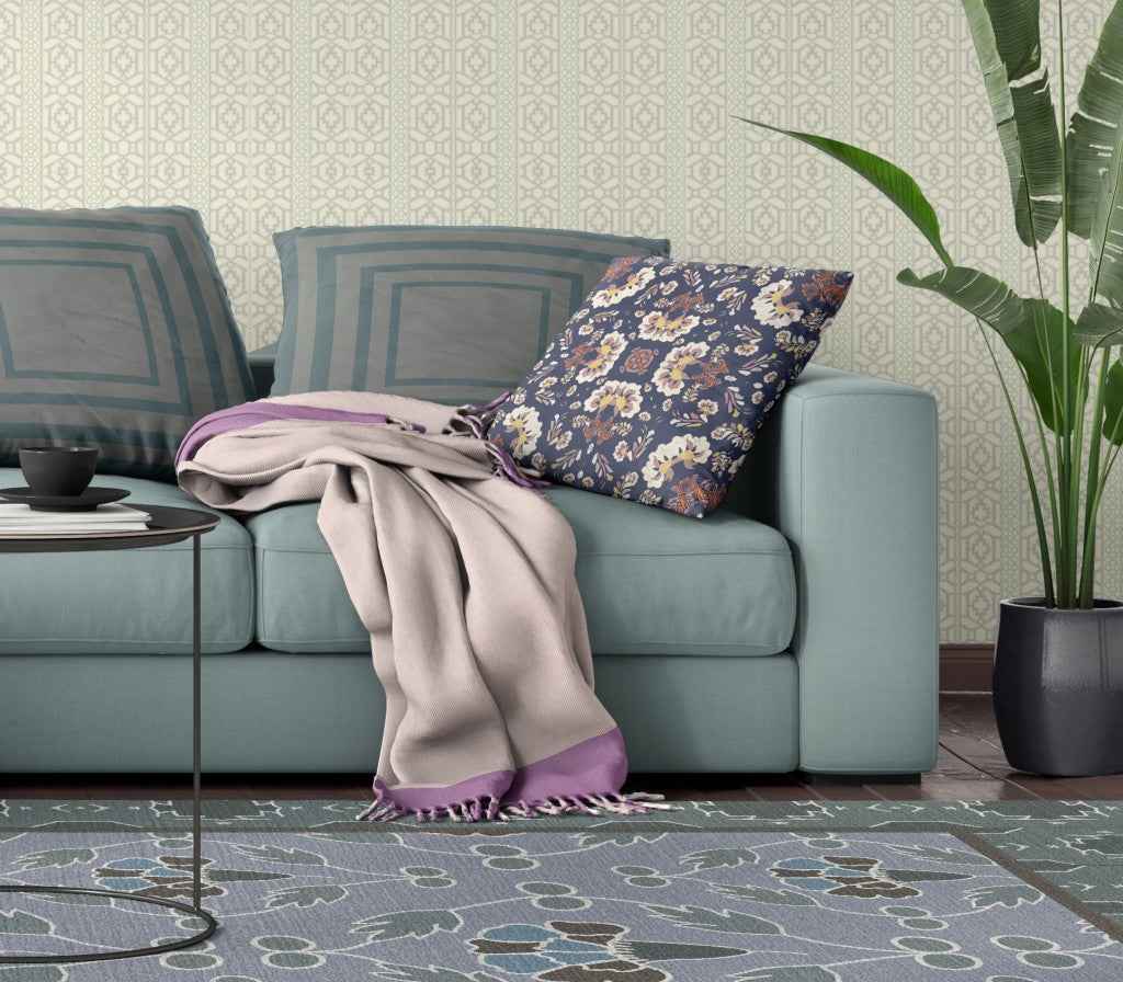 20" X 20" Blue And White Floral Blown Seam Suede Throw Pillow