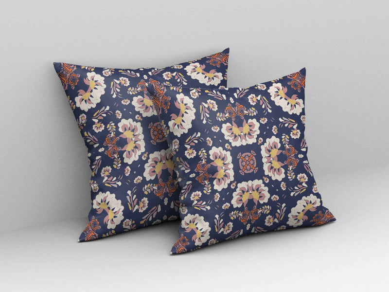 20" X 20" Blue And White Floral Blown Seam Suede Throw Pillow