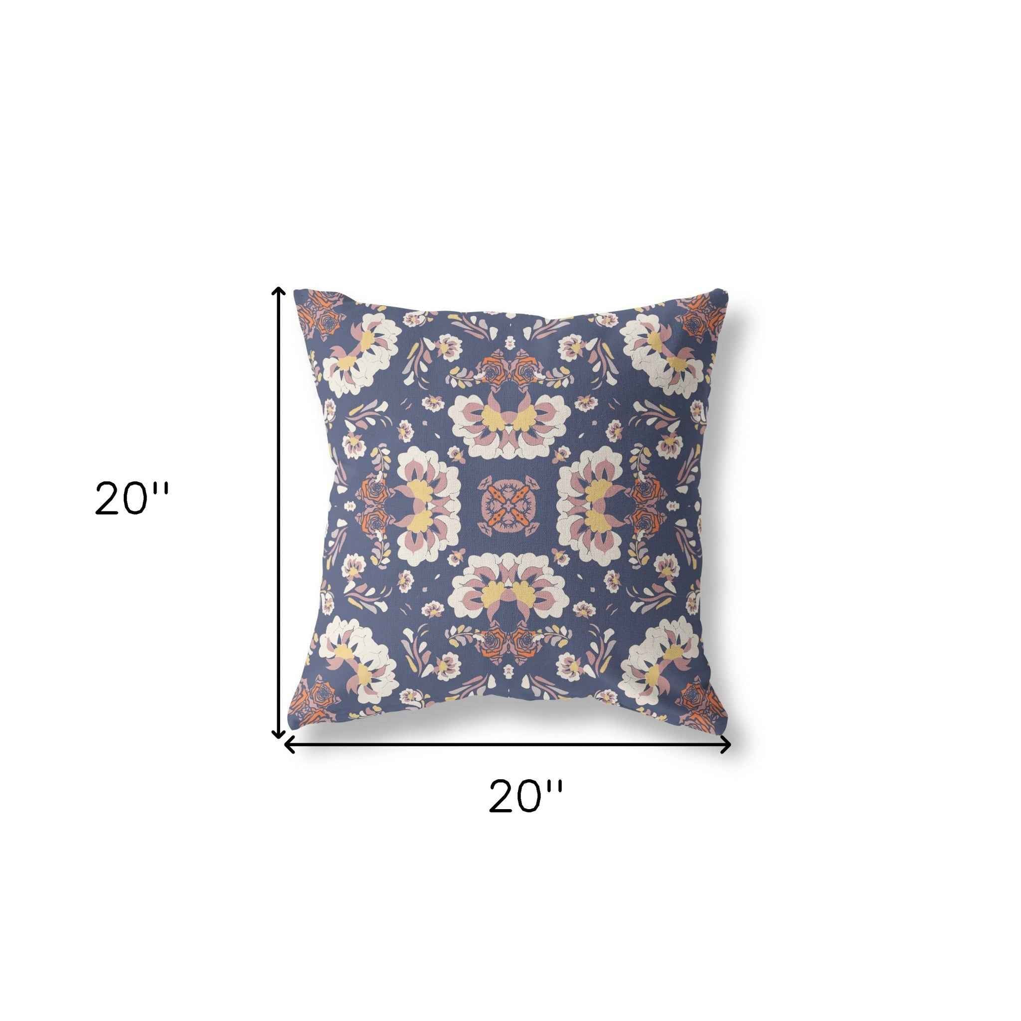 20" X 20" Blue And White Floral Blown Seam Suede Throw Pillow